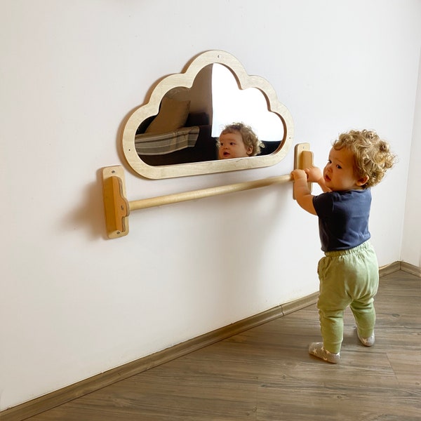 Montessori Mirror with Pull up Wooden bar, Gift For Kids Baby, Montessori Pull up Bar, Montessori Bar, Baby Floor Mirror, Baby Sensory Bar