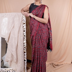 Ajrakh Modal Silk Saree – Hand Block Printed | Organic Vegetable Dye | Earthy Tones | Made in Ajrakhpur Gujarat