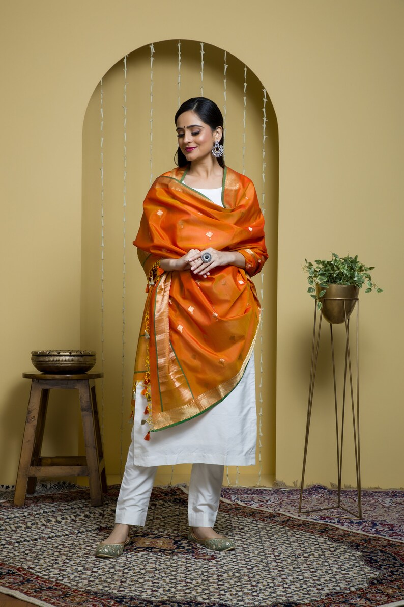 Beige - Traditional Chanderi Silk Handloom Zari Buti Dupatta with Tassels 10