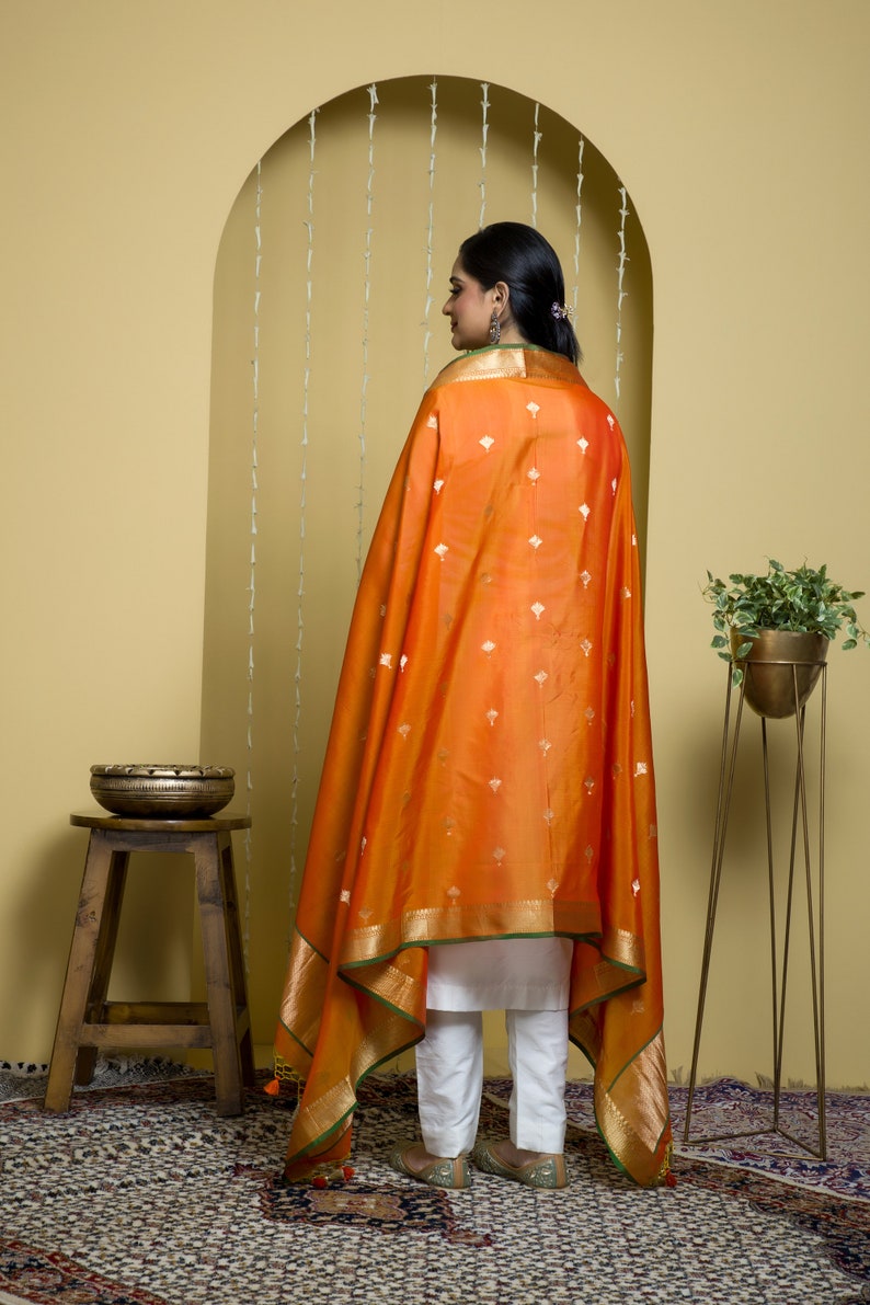 Orange - Traditional Chanderi Silk Handloom Zari Buti Dupatta with Tassels 43
