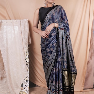 Ajrakh Modal Silk Saree – Hand Block Printed | Organic Vegetable Dye | Earthy Tones | Made in Ajrakhpur Gujarat