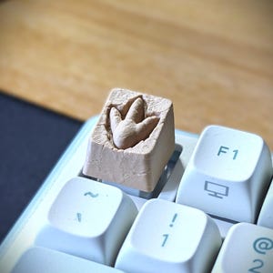 May include: A custom light brown keycap with a dinosaur footprint design. The square keycap is on a white keyboard, with other keys visible, including the F1 key.