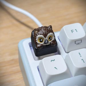 Peut inclure: Une touche de clavier mécanique noire personnalisée représentant un hibou brun sculpté et peint à la main avec de grands yeux jaunes et un bec gris, placée sur un clavier blanc à côté de la touche F1 et de la touche tilde.