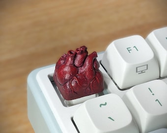 May include: A custom keycap shaped like a realistic human heart, in a deep red color, sits on a white and light blue mechanical keyboard. The keycap replaces the original key. The keyboard keys have white lettering and symbols.