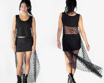 Asymmetrical High Low Black Blouse I Transparent Tulle Long Back Top I Festival Clothing I Burningman Outfit