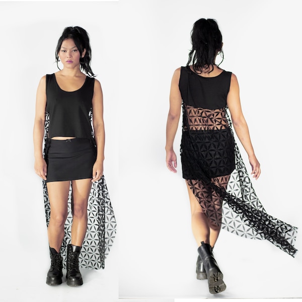 Asymmetrical High Low Black Blouse I Transparent Tulle Long Back Top I Festival Clothing I Burningman Outfit