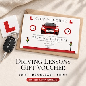 May include: A white gift voucher for driving lessons featuring a red car illustration, two red L-plates, traffic lights, and the text: GIFT VOUCHER, 17, TOM, THIS VOUCHER IS FOR £100 TOWARDS YOUR DRIVING LESSONS, WITH AN INSTRUCTOR OF YOUR CHOICE.