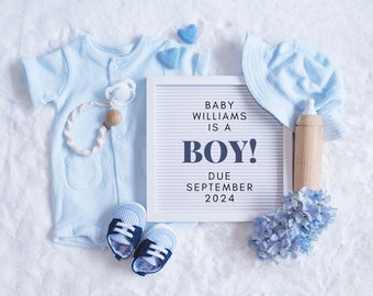 以下が含まれることがあります： 「Baby Williams is a Boy! Due September 2024」と書かれた白い文字盤。文字盤の周りに、ロンパース、帽子、靴、おしゃぶり、ガラガラ、哺乳瓶など、青いベビー用品が置かれています。
