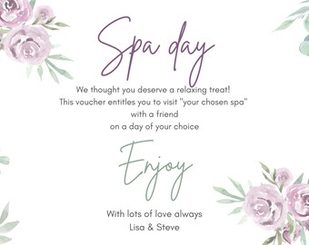 Personalized Spa Day, gift certificate, Gift Voucher, Template, spa day gift certificate, mothers day gift certificate, gift for her