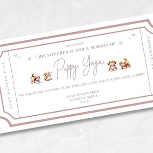 Plantilla editable de vale de regalo de yoga para cachorros – Certificado de regalo imprimible en Canva – Tarjeta de regalo para clase de yoga para mascotas – Vale de yoga para perros personalizable