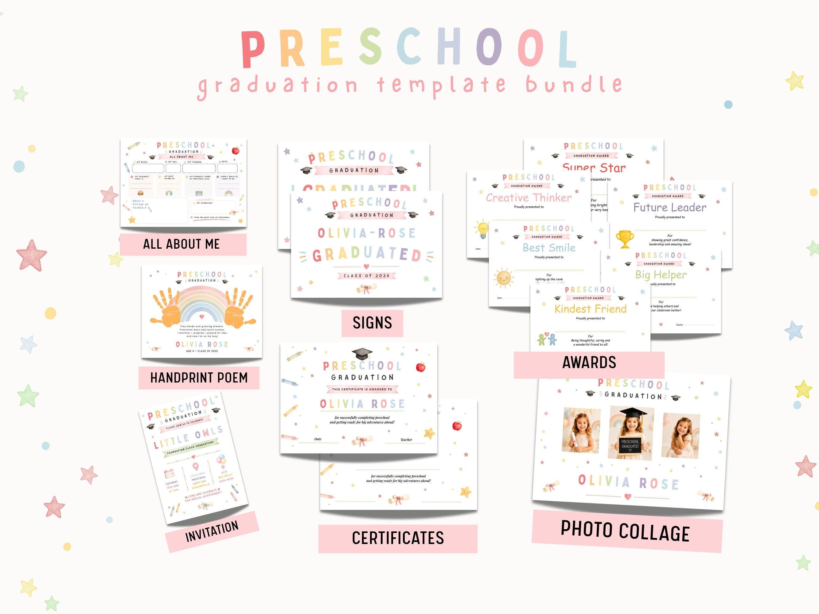 Editable Preschool Graduation Bundle Canva Template | Invitation ...