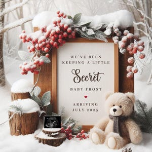 Winter Baby Announcement Digital Reveal for Social Media Festive Baby Reveal Cute TeddyBear Holidays Baby Digital Pregnancy Announcement