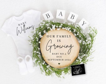 May include: A white onesie with the text "Baby Williams" on it, a wooden sign that says "Our family is growing, Baby No. 4 due September 2024", white wooden blocks spelling out "Baby", a wreath of white flowers, and a black and white ultrasound image.