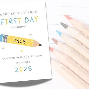 Personalised First Day of School Card, Back to School Card, Son Grandson 1st day of School, Blue Pencil Back to School Card