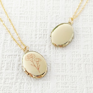 Custom Engraved Oval Locket Necklace, Personalized Birth Flower Gold Locket Necklace, Photo Locket Necklace, Gift for her, Christmas gift