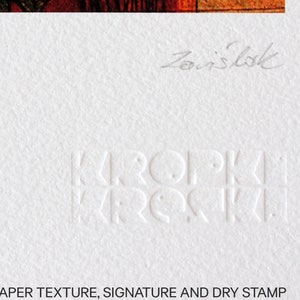 May include: Close-up of a white textured paper surface with a gray signature and a dry stamp that reads "KROPIKKI KROPIKKI".