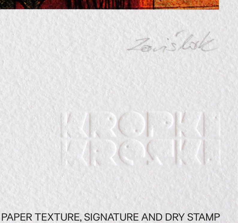 May include: Close-up of a white textured paper surface with a gray signature and a dry stamp that reads "KROPIKKI KROPIKKI".