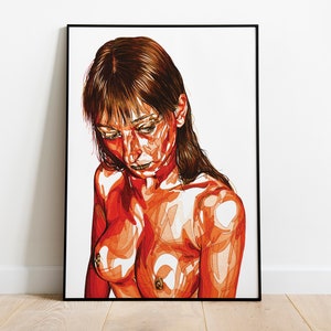 May include: A framed illustration of a person with long brown hair, looking down. The person's skin is depicted in shades of red and orange, with a white background.