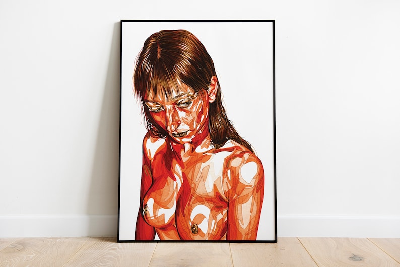 May include: A framed illustration of a person with long brown hair, looking down. The person's skin is depicted in shades of red and orange, with a white background.