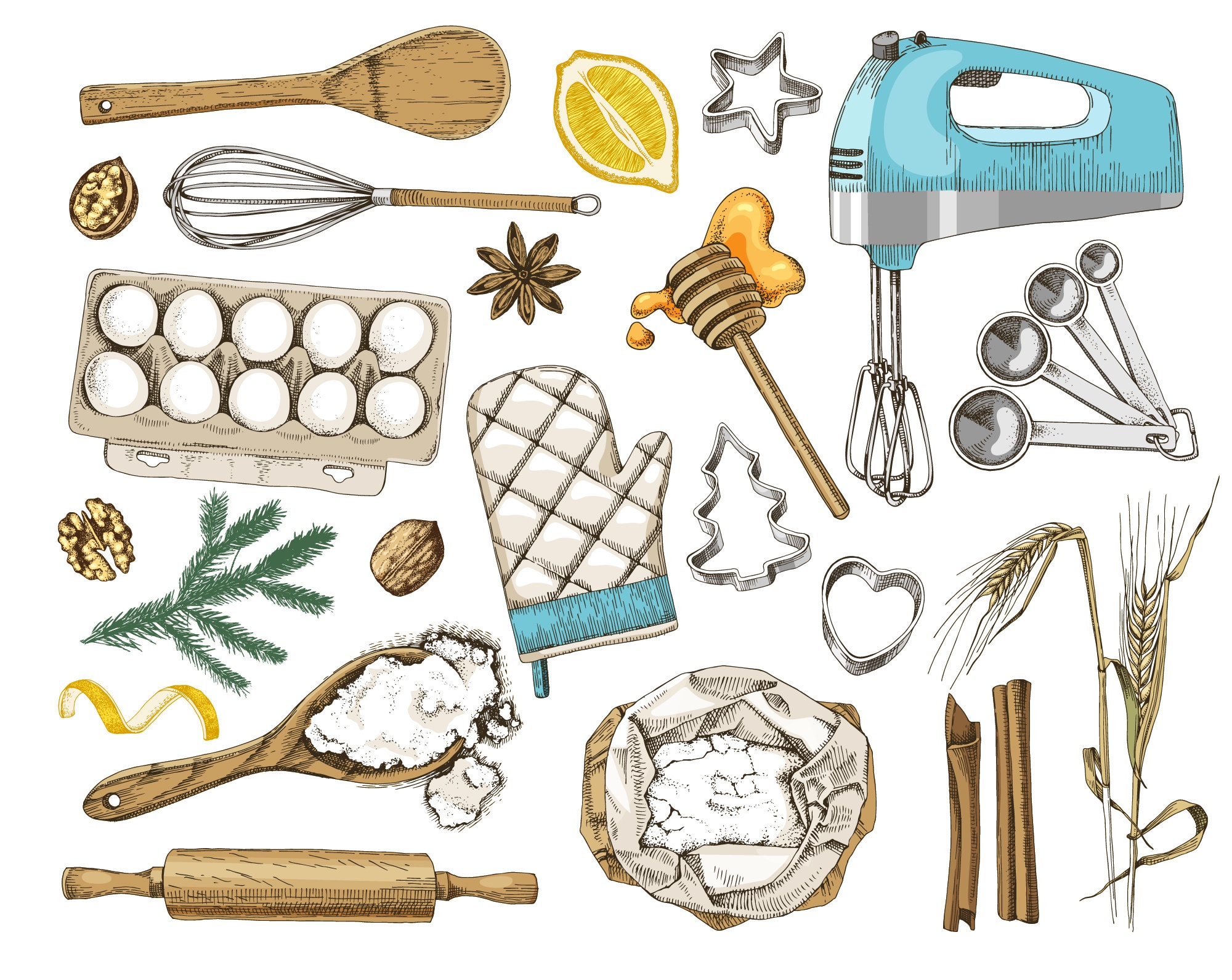 Hand drawn baking clipart. Baking design elements. Christmas Etsy