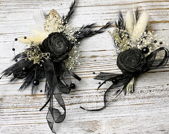 Black and Gold Boutonniere wrist corsage fancy occasion formal event glitzy flowers black and gold wedding