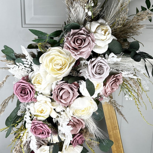 Victorian Boho Dried flower swag, Sola Wood Flower Swag, Wedding Arch Flowers, Dusty Mauve and Violet, Pampas Arch