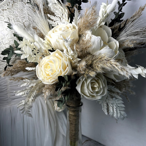 Boho Bride Bouquet, Pampas Bride Bouquet, Victorian Bouquet, Wedding Flowers, Sola Wood Flower Bouquet