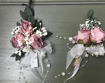 Mauve Boutonniere and wrist corsage set fancy occasion formal event, or wedding.  Faux dried roses, dried flowers and ribbon/pearls...