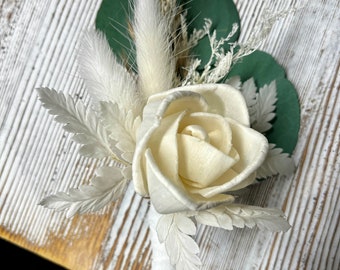 Simple boho sola wood flower boutonniere, groomsmen, best man, preserved flower boutonniere, eucalyptus