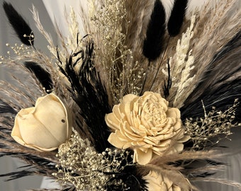 Maid of honor, bridesmaid, dried flower boho bouquets, dried flower bouquets wedding boho, gift, black and cream