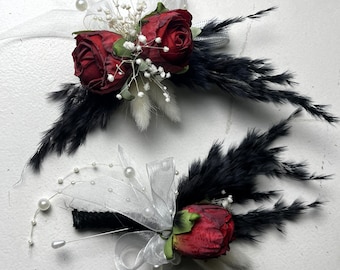 Black and Red Boutonniere wrist corsage fancy occasion formal event glitzy flowers red and black wedding