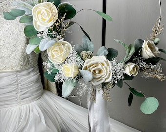 Hoop Bouquet, Bridesmaid, Boho Wedding, Dried Flower Hoop Bouquet, Sola Wood Flower Bouquet, Silver Hoop, Ring Bouquet, Circle Bouquet