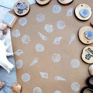 Tampons encreurs coquillages, bloc d'impression coquillages, papier cadeau écologique DIY