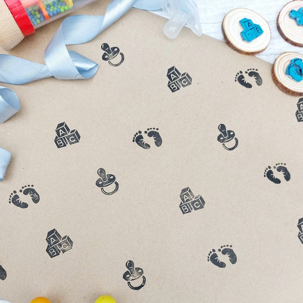 Hand Carved Baby Footprint Ink Stamp, Baby Shower Ink Printing Rubber Stamps, Baby Gender Reveal Party Ideas, DIY Eco Wrapping Paper