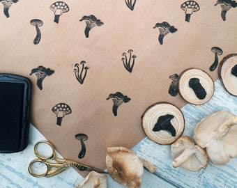 Hand Carved Mushroom Ink Stamps, Forest Toadstool Stamps, Fungi Rubber Printing Block, Shittaki Mushroom DIY Eco Friendly Wrapping Paper