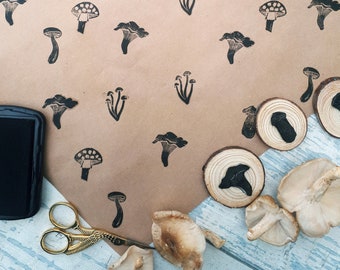 Hand Carved Mushroom Ink Stamps, Forest Toadstool Stampers, Fungi Rubber Printing Block, Shittaki Mushroom DIY Eco Friendly Wrapping Paper