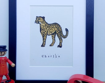 Personalised Gift, Cheetah Lion Wall Art for Boy, Children's Room Animal Art, Hand Printed Art, Safari theme Bedroom, Unique Gift for Boys
