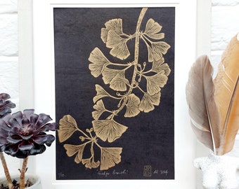 Linocut Ginkgo Branch Print in Gold, Original Hand Pulled Artwork, Hand Printed Wall Art, Nature Inspired Lokta Art, Botanical Lover Gift