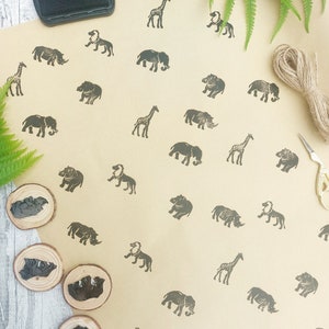 Sellos de tinta de safari tallados a mano, bloques de impresión de caucho con animales, juego de sellos de tinta, papel de regalo, sellos de león, elefante, rinoceronte, hipopótamo y jirafa