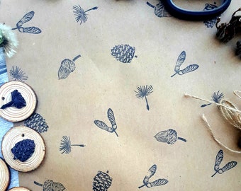 Seeds Ink Stamps, Pine Cone, Sycamore, Dandelion, Acorn, Poppy, Rosehip Printing Block, Hand Carved Rubber Stamp, DIY Eco Wrapping Paper