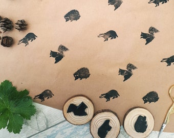 Hand Carved Woodland Animals Ink Stamps, Forest Animal Stamps, Squirrel, Hedgehog, Badger, Fox, Rabbit, MousePrinting Blocks, Rubber Stamper