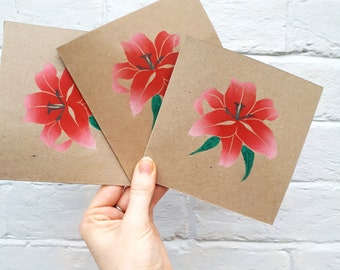 Tarjeta de lirio hecha a mano, tarjeta de flores Linocut impresa a mano, tarjeta de felicitación de obras de arte originales, tarjeta de papel reciclado ecológico