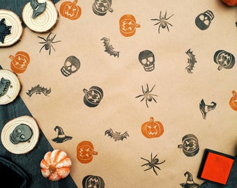 Halloween Ink Stamps, Skull, Spider, Pumpkin, Bat, Witches Hat and Ghost Printing Blocks, Hand Carved Stamp, Recyclable Eco Wrapping Paper,
