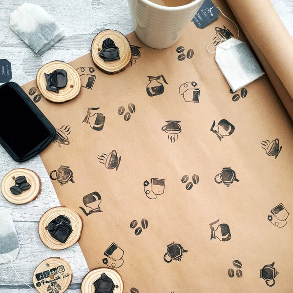 Tea and Coffee Ink Stamps, Kettle, Tea Bag, Tea CupPrinting Blocks, Hand Carved Rubber Stamp, Personalised Gift Wrap, Recyclable Paper