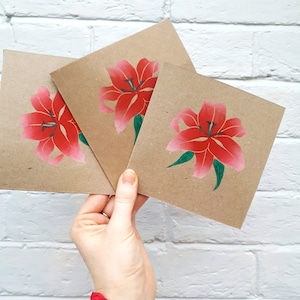 Tarjeta de lirio hecha a mano, tarjeta de flores Linocut impresa a mano, tarjeta de felicitación de obras de arte originales, tarjeta de papel reciclado ecológico