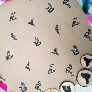 Hand Carved Jungle Animal Ink Stamps, Rain Forest Rubber Printing Blocks, Toucan, Macaw, Flamingo, Humming Bird, Cobra, Recyclable Wrapping
