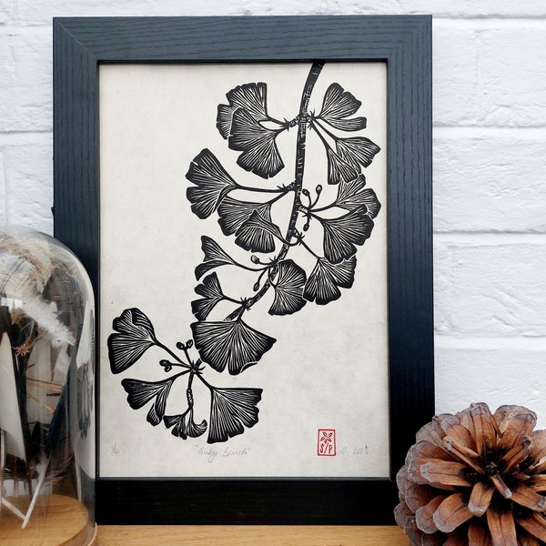 Linocut Ginkgo Branch Print in Black, Original Hand Pulled Artwork, Hand Printed Wall Art Gift, Nature Inspired Art, Botanical Lover Gift