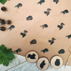 Hand Carved Woodland Animals Ink Stamps, Forest Animal Stamps, Squirrel, Hedgehog, Badger Fox Printing Blocks, Hand Carved Rubber Stamp