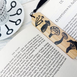 Hand Printed Wooden Bookmark, Mushroom Motif Bookmark, Bookworm Gift Idea, Plastic Free Gift