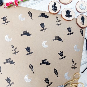 Hand Carved Folk Art Style Ink Stamps, Rabbit Hare Stamp, Moon Rubber Printing Block, Folk Flowers Leaf DIY Eco Friendly Wrapping Paper